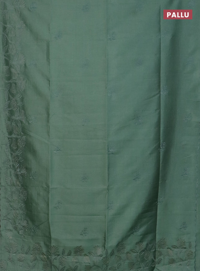 Semi tussar saree pastel green with floral embroidery work and applique work border
