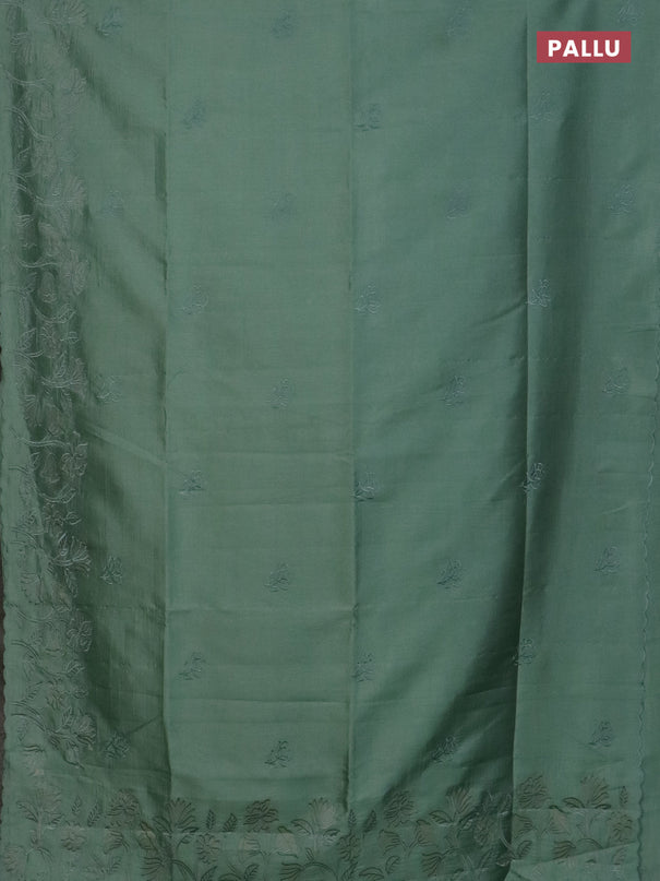 Semi tussar saree pastel green with floral embroidery work and applique work border
