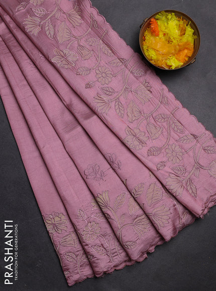 Semi tussar saree pastel pink with floral embroidery work and applique work border