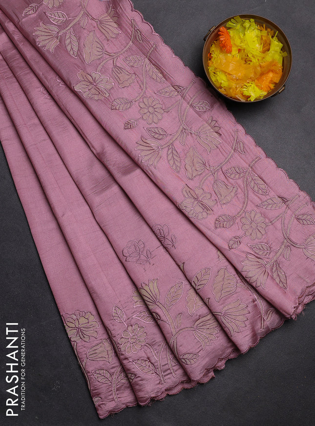 Semi tussar saree pastel pink with floral embroidery work and applique work border