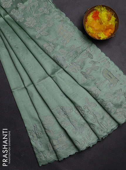 Semi tussar saree pastel green with floral embroidery work and applique work border