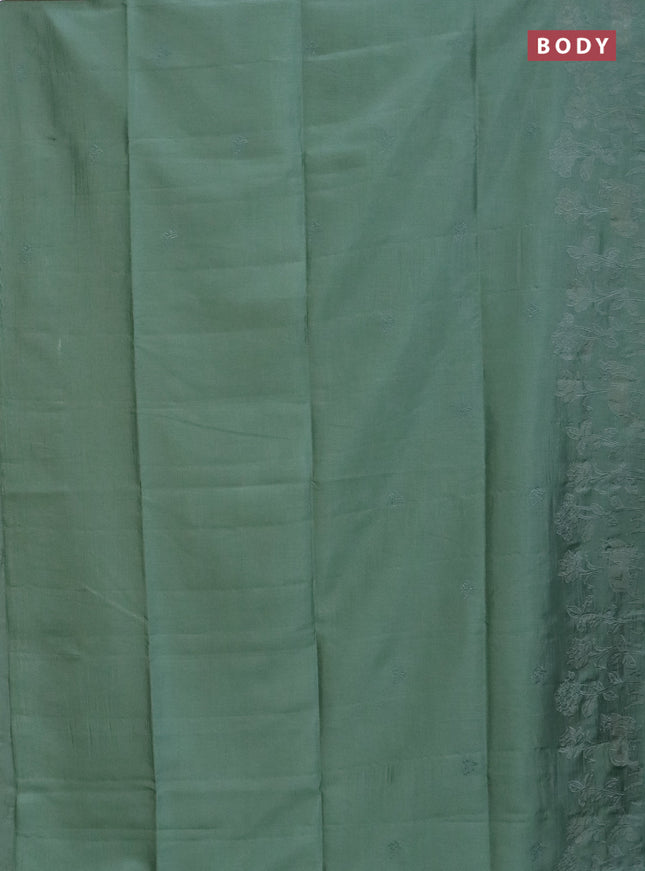 Semi tussar saree pastel green with floral embroidery work and applique work border