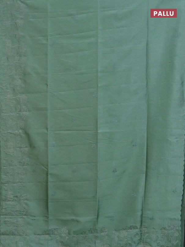 Semi tussar saree pastel green with floral embroidery work and applique work border