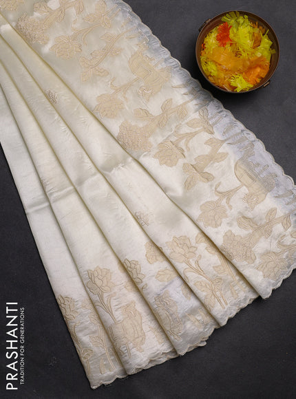 Semi tussar saree cream with floral embroidery work and applique work border