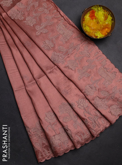 Semi tussar saree pastel peach with floral embroidery work and applique work border