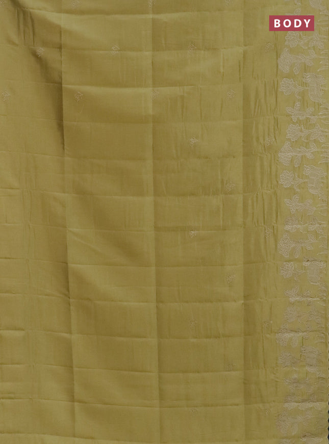 Semi tussar saree mustard shade with floral embroidery work and applique work border