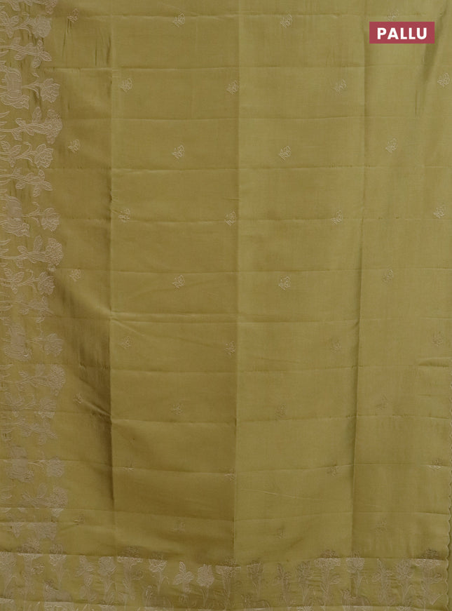 Semi tussar saree mustard shade with floral embroidery work and applique work border
