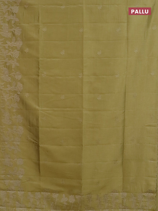 Semi tussar saree mustard shade with floral embroidery work and applique work border