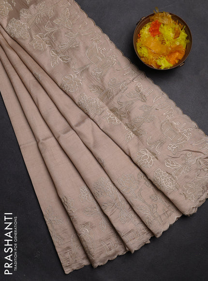 Semi tussar saree beige with floral embroidery work and applique work border