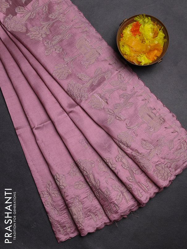 Semi tussar saree pastel pink with floral embroidery work and applique work border