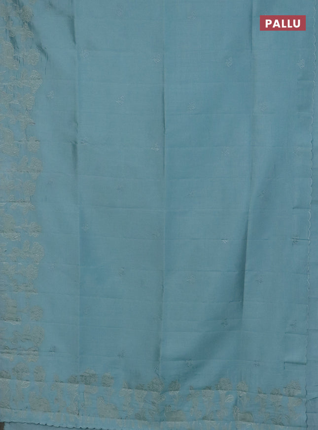 Semi tussar saree pastel blue with floral embroidery work and applique work border