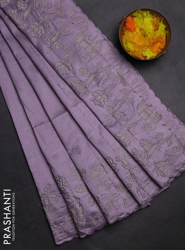 Semi tussar saree pastel lavender with floral embroidery work and applique work border