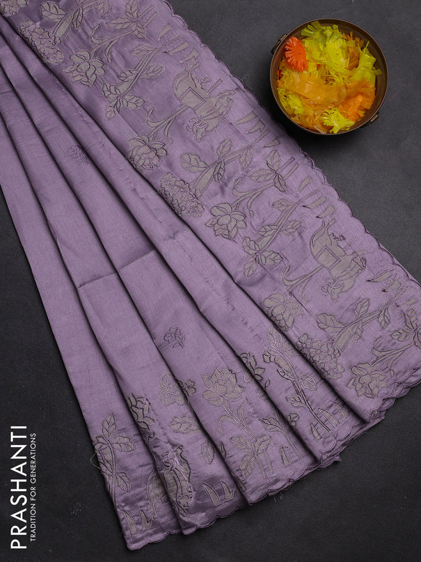 Semi tussar saree pastel lavender with floral embroidery work and applique work border