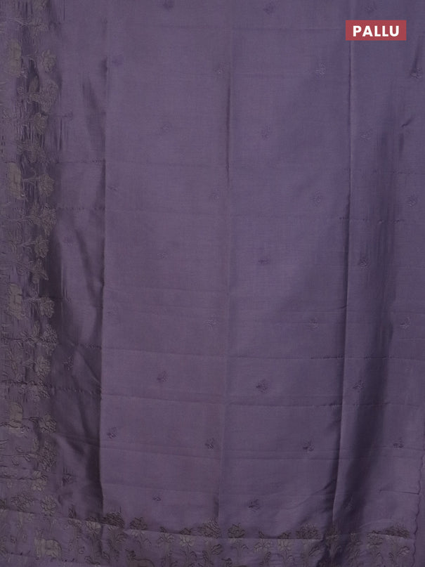 Semi tussar saree pastel lavender with floral embroidery work and applique work border