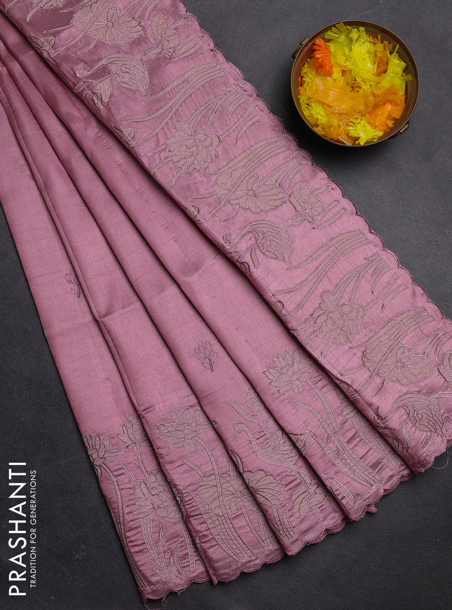 Semi tussar saree pastel pink with floral embroidery work and applique work border
