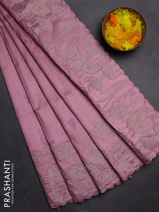 Semi tussar saree pastel pink with floral embroidery work and applique work border