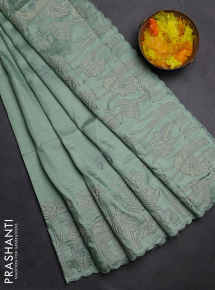 Semi tussar saree pastel green with floral embroidery work and applique work border