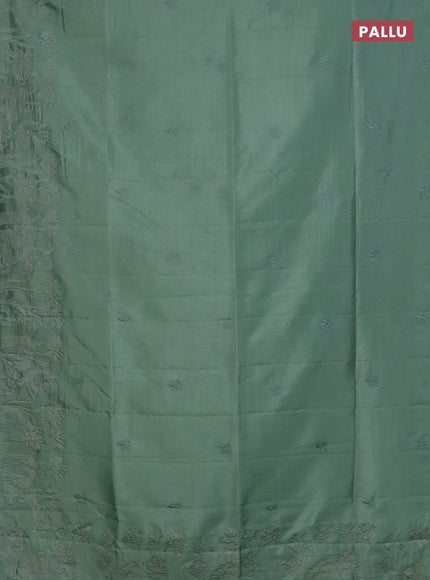 Semi tussar saree pastel green with floral embroidery work and applique work border