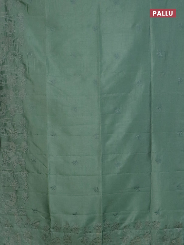 Semi tussar saree pastel green with floral embroidery work and applique work border