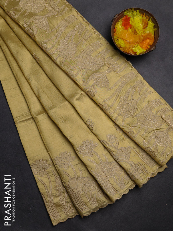 Semi tussar saree mustard shade with floral embroidery work and applique work border