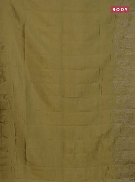 Semi tussar saree mustard shade with floral embroidery work and applique work border