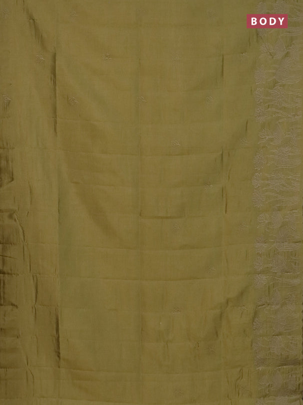 Semi tussar saree mustard shade with floral embroidery work and applique work border