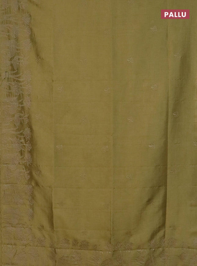 Semi tussar saree mustard shade with floral embroidery work and applique work border