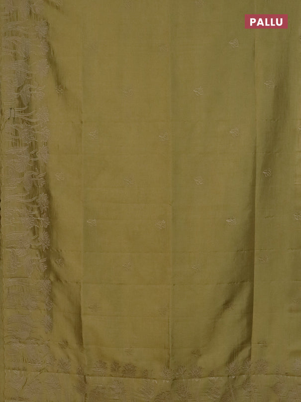 Semi tussar saree mustard shade with floral embroidery work and applique work border