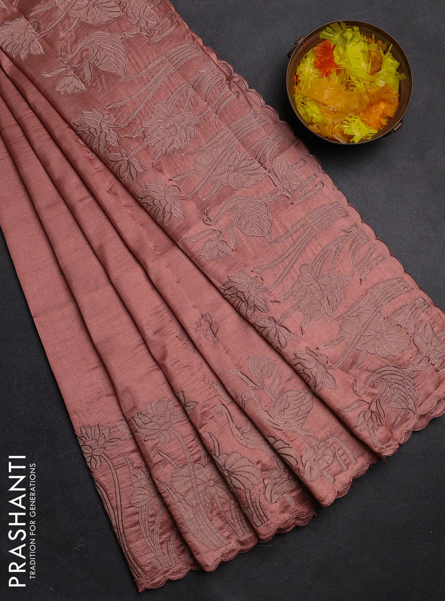 Semi tussar saree pastel peach with floral embroidery work and applique work border