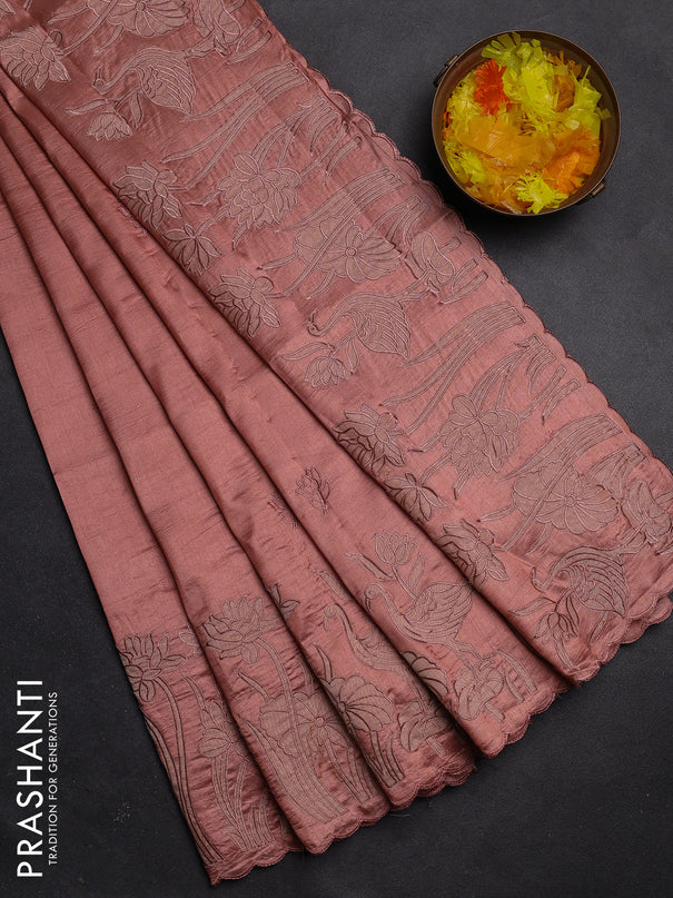 Semi tussar saree pastel peach with floral embroidery work and applique work border