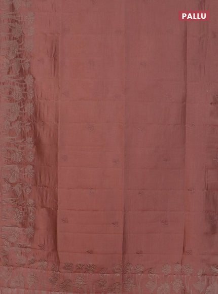 Semi tussar saree pastel peach with floral embroidery work and applique work border