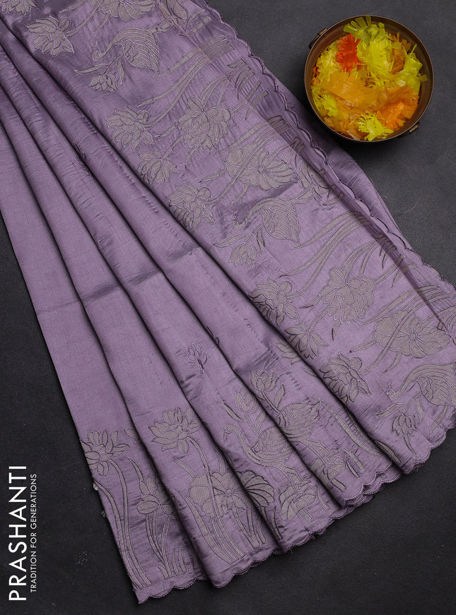 Semi tussar saree pastel lavender with floral embroidery work and applique work border