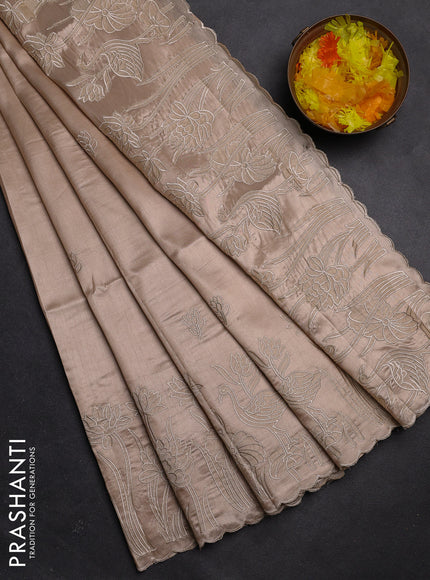 Semi tussar saree beige with floral embroidery work and applique work border