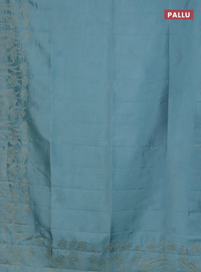 Semi tussar saree pastel blue with floral embroidery work and applique work border