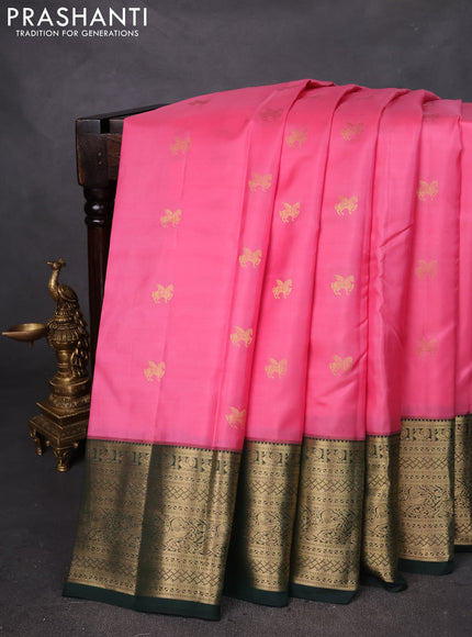 Pure kanchipuram silk saree pink and dark green with zari woven buttas and zari woven korvai border