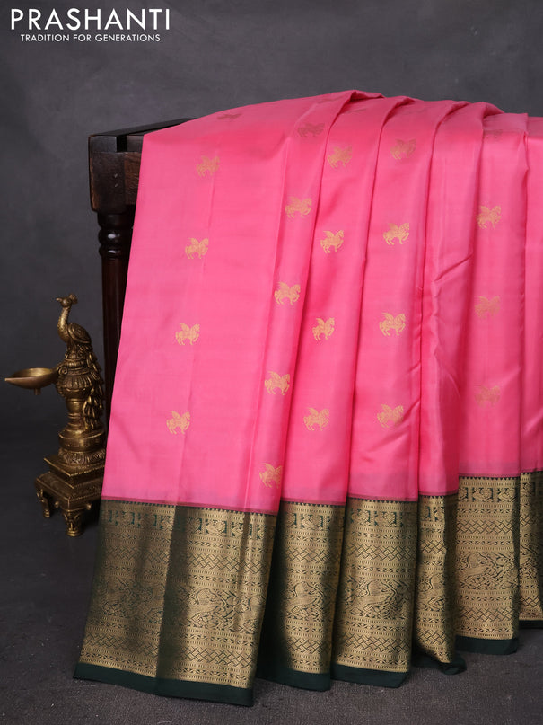 Pure kanchipuram silk saree pink and dark green with zari woven buttas and zari woven korvai border
