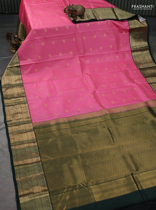 Pure kanchipuram silk saree pink and dark green with zari woven buttas and zari woven korvai border