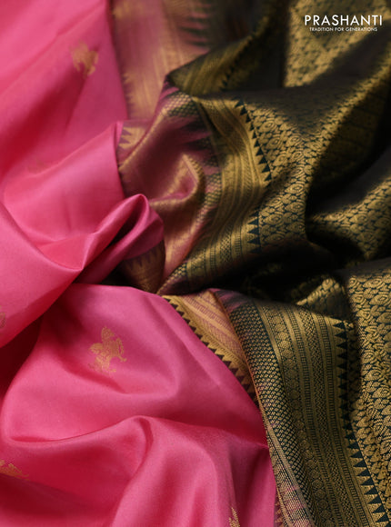 Pure kanchipuram silk saree pink and dark green with zari woven buttas and zari woven korvai border