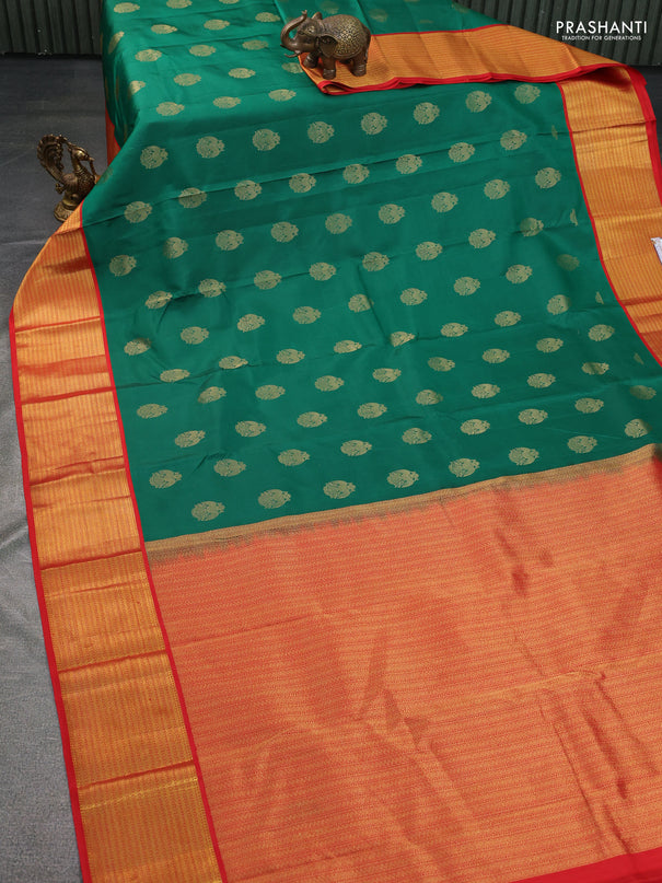 Pure kanchipuram silk saree green and red with zari woven peacock buttas and zari woven korvai border