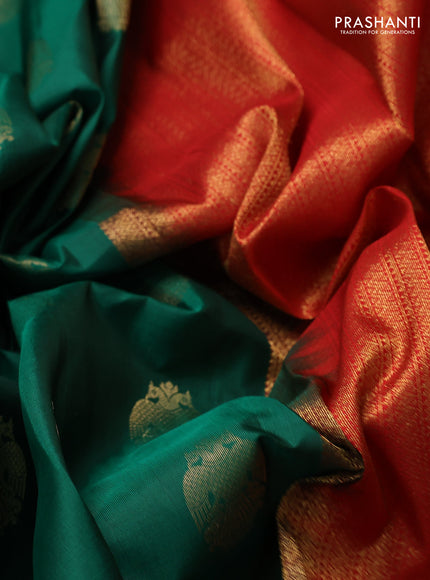Pure kanchipuram silk saree green and red with zari woven peacock buttas and zari woven korvai border