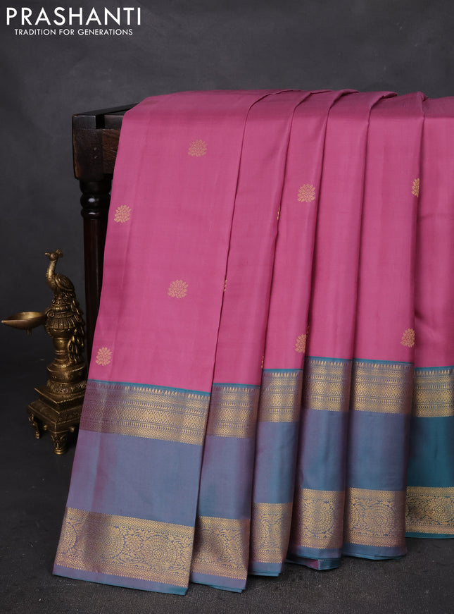Pure kanchipuram silk saree mauve pink and teal green with zari woven buttas and rettapet zari woven border