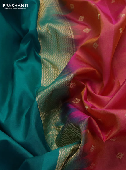 Pure kanchipuram silk saree teal blue and pink with plain body and zari woven border