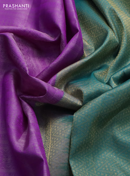 Pure kanchipuram silk saree lavender and teal green with allover self emboss and zari woven border