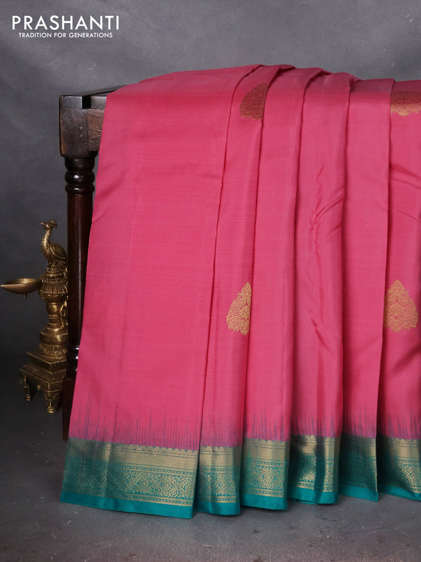 Pure kanchipuram silk saree light pink and teal green with zari woven buttas and zari woven border
