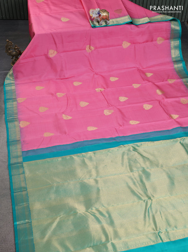 Pure kanchipuram silk saree light pink and teal green with zari woven buttas and zari woven border