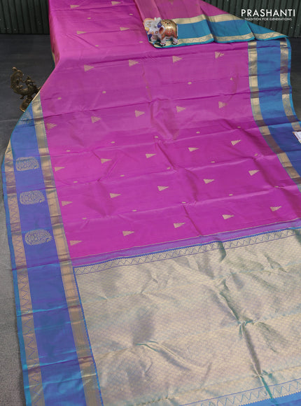 Pure kanchipuram silk saree mauve pink and teal blue with zari woven buttas and rettapet zari woven border