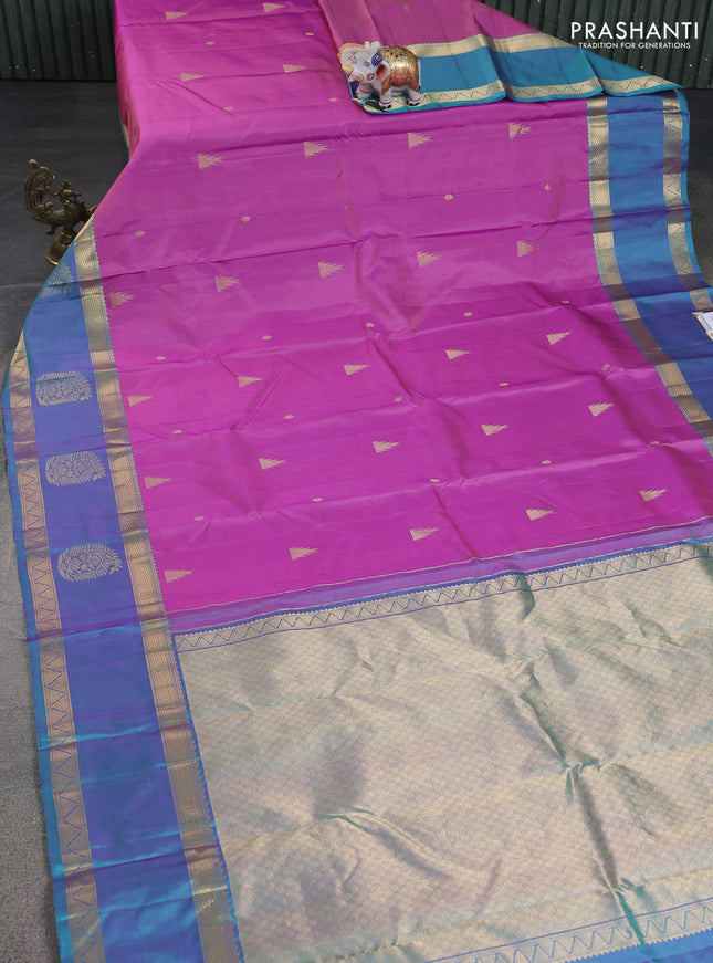 Pure kanchipuram silk saree mauve pink and teal blue with zari woven buttas and rettapet zari woven border