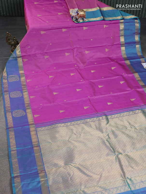 Pure kanchipuram silk saree mauve pink and teal blue with zari woven buttas and rettapet zari woven border