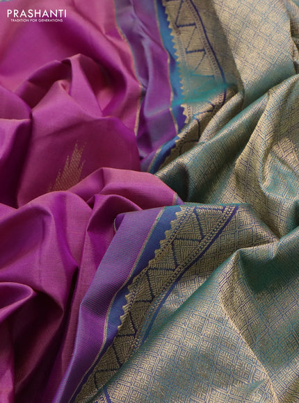 Pure kanchipuram silk saree mauve pink and teal blue with zari woven buttas and rettapet zari woven border