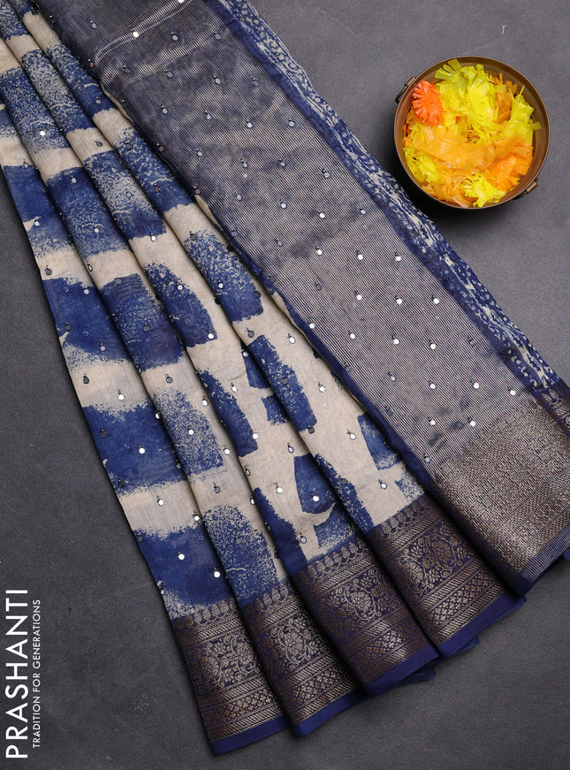 Chanderi silk cotton saree cream and blue with allover geometric prints & mirror work and zari woven border